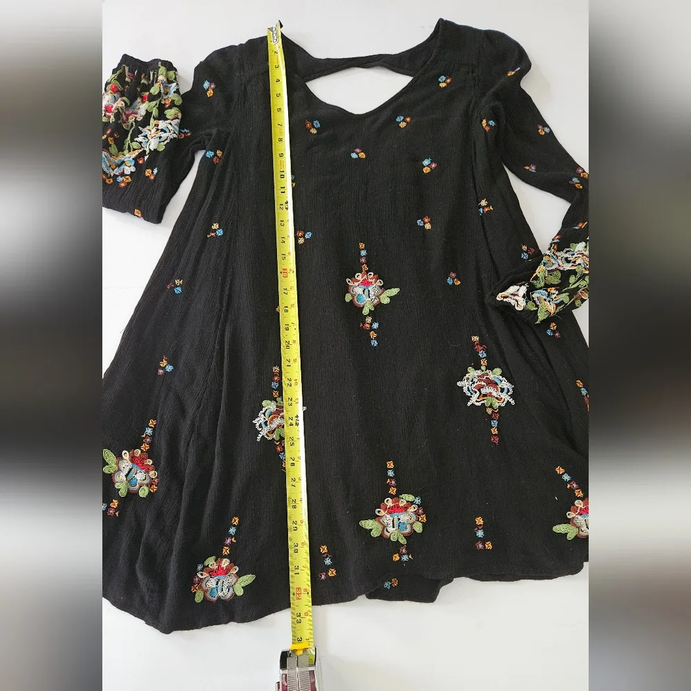 Free People XS Boho Black Oxford W/Embroidered Floral Swing Mini Dress